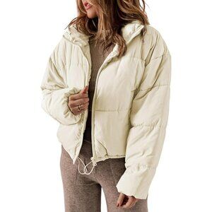 Women’s Beige 100% Polyester Warm Zip-Up Classic Quilted Puffer Jacket
